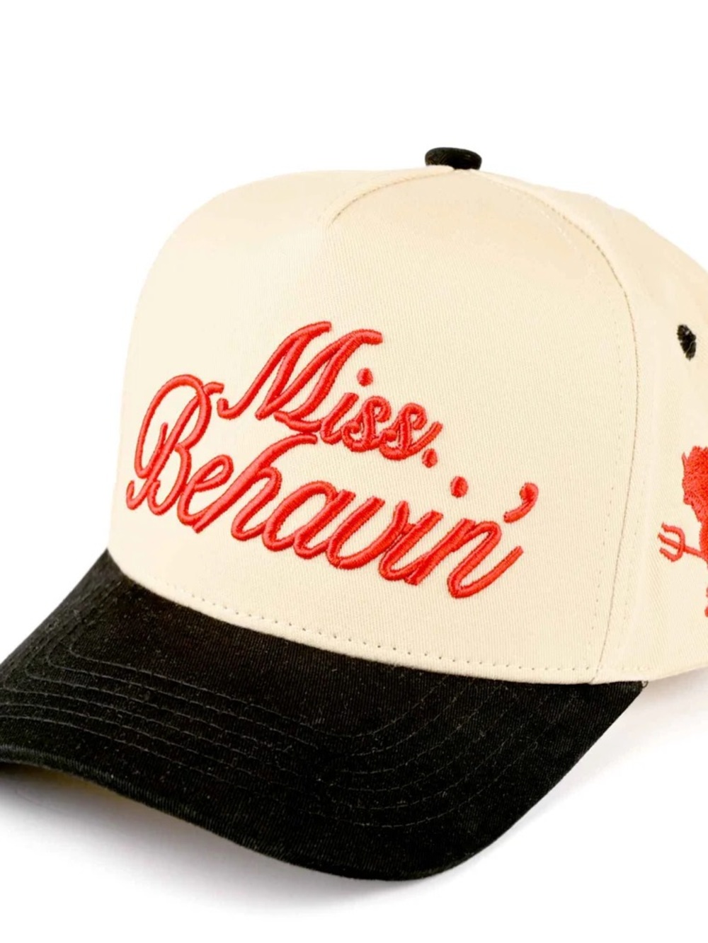 Miss Behavin' Script Embroidered Cap - Cream & Black
